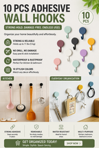 Adhesive Wall Hooks 10-Pack – Traceless Waterproof PVC, Damage-Free, Pastel, Kitchen & Bathroom