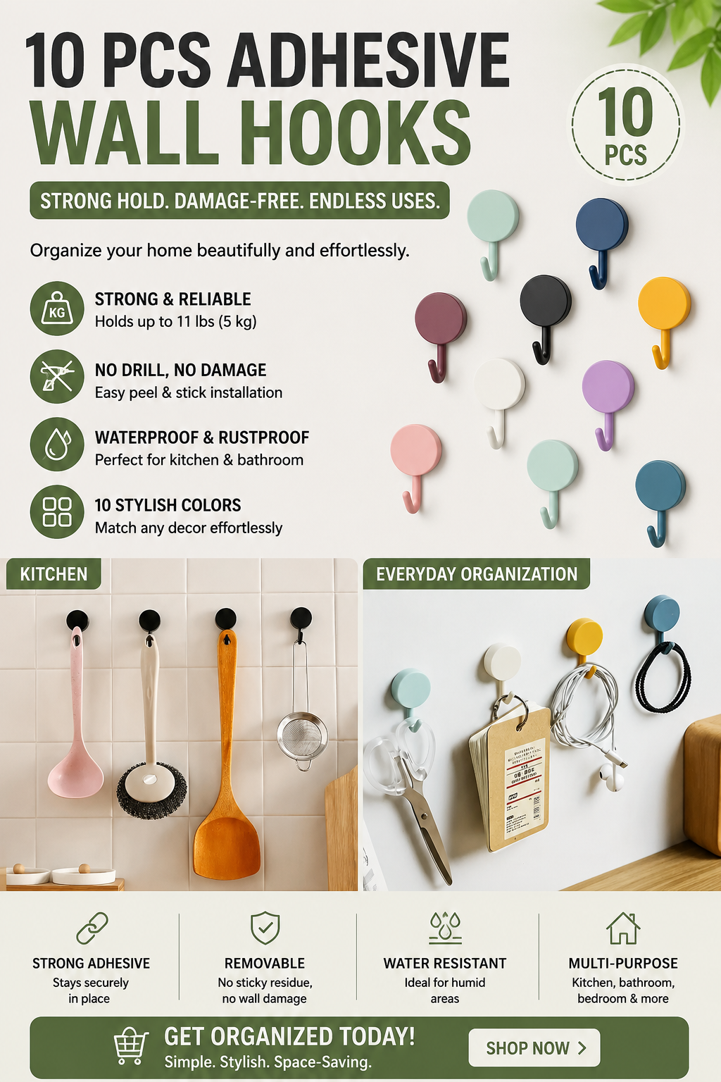 Traceless Adhesive Wall Hooks – 10-Pack Pastel PVC, Waterproof, Damage-Free, for Kitchen & Bathroom