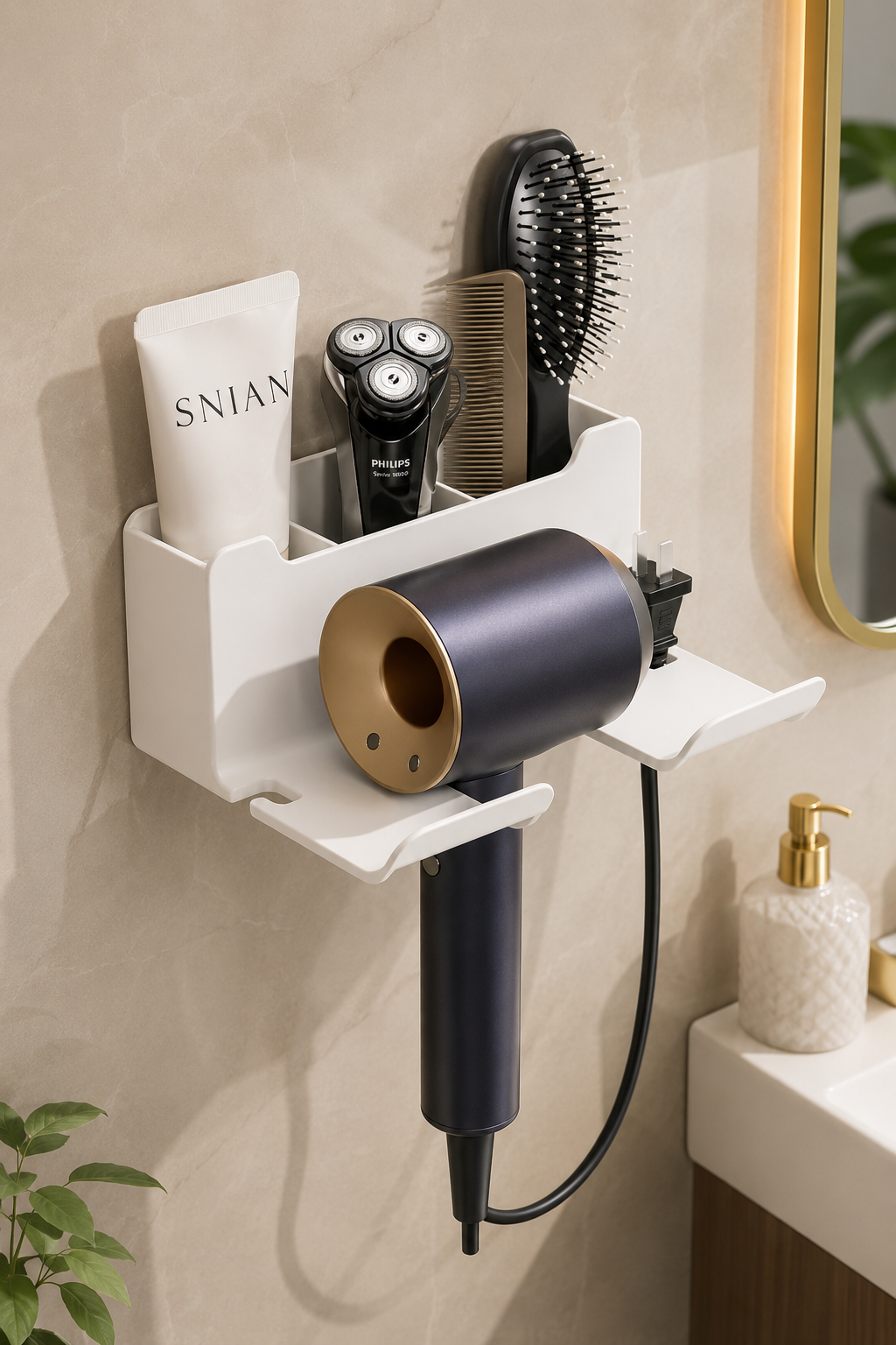 Wall-Mounted Hair Dryer & Styling Tool Organizer – No-Drill Adhesive, ABS with Silicone Dock, 3 Colors