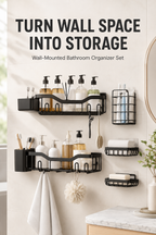 7-Piece Adhesive Shower Caddy & Bathroom Organizer Set – 304 Stainless Steel, Matte Black, No Drilling