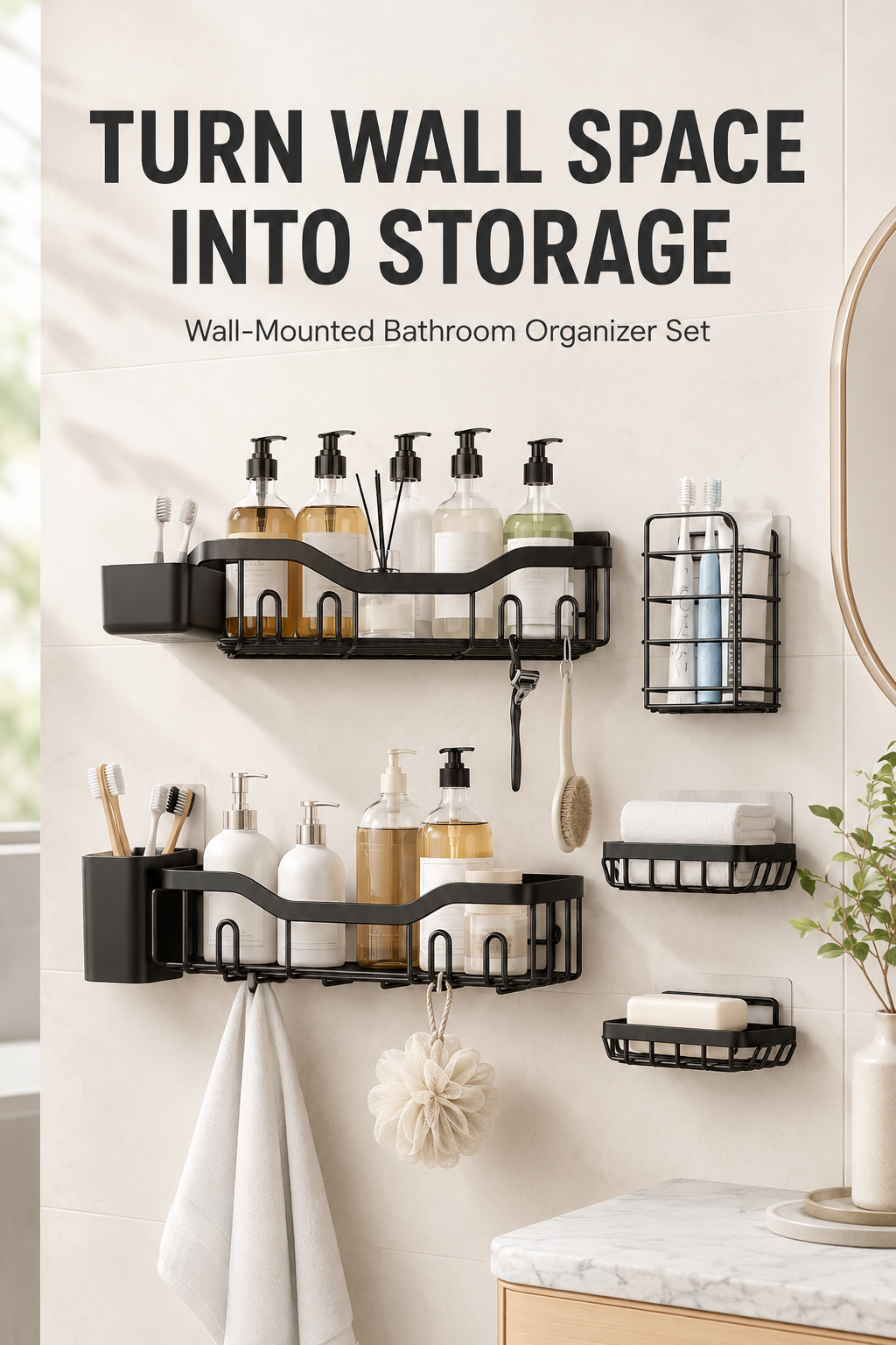 7-Piece Adhesive Shower Caddy & Bathroom Organizer Set – 304 Stainless Steel, Matte Black, No Drilling