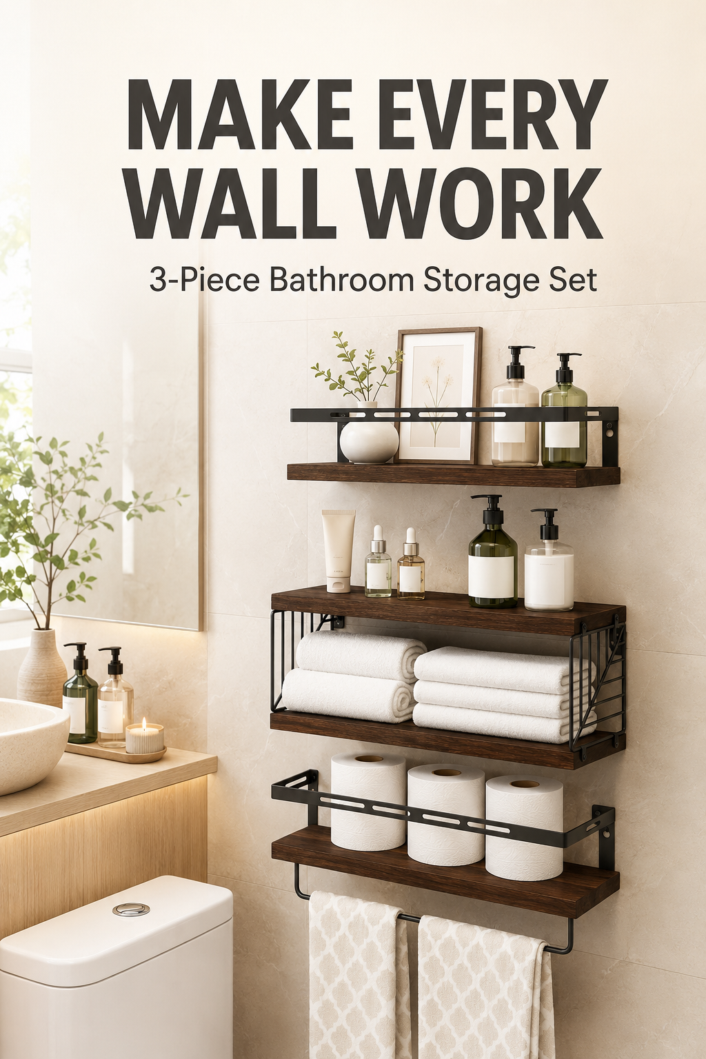 Rustic Floating Wall Shelves with Towel Bar & Wire Basket – 3+1 Tier Solid Wood & Matte Black Steel Set