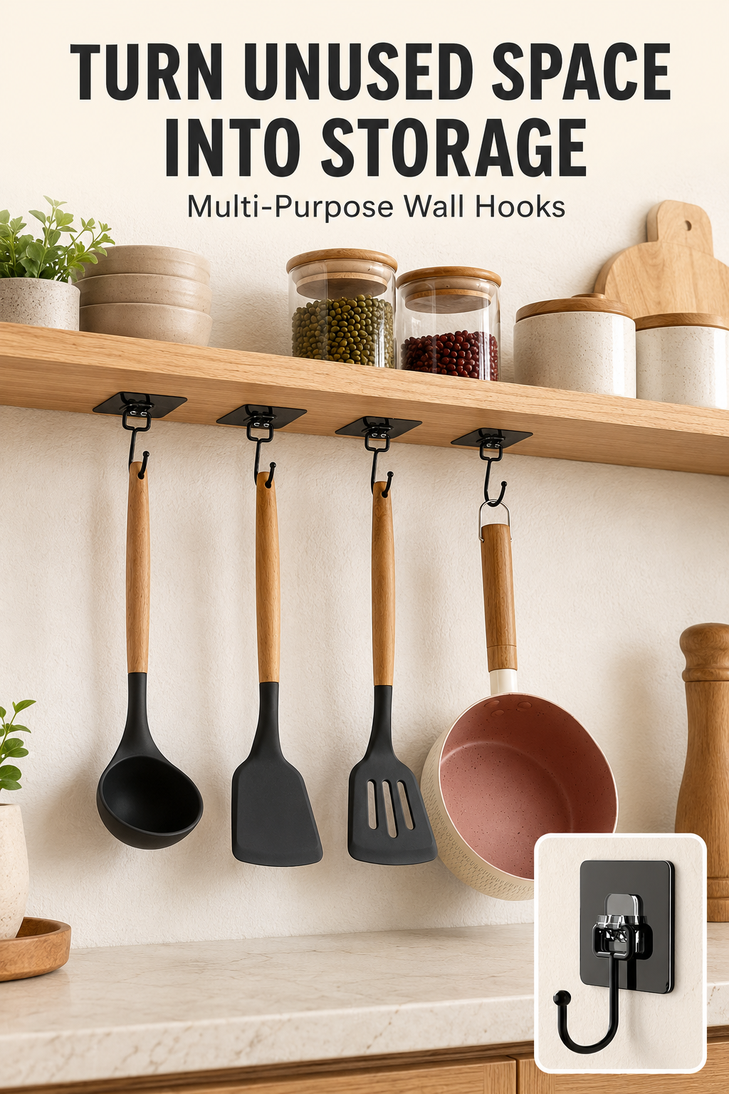 Matte Black Adhesive Wall Hooks – 5-Pack, Waterproof PVC, Damage-Free, for Bathroom, Kitchen & Entryway