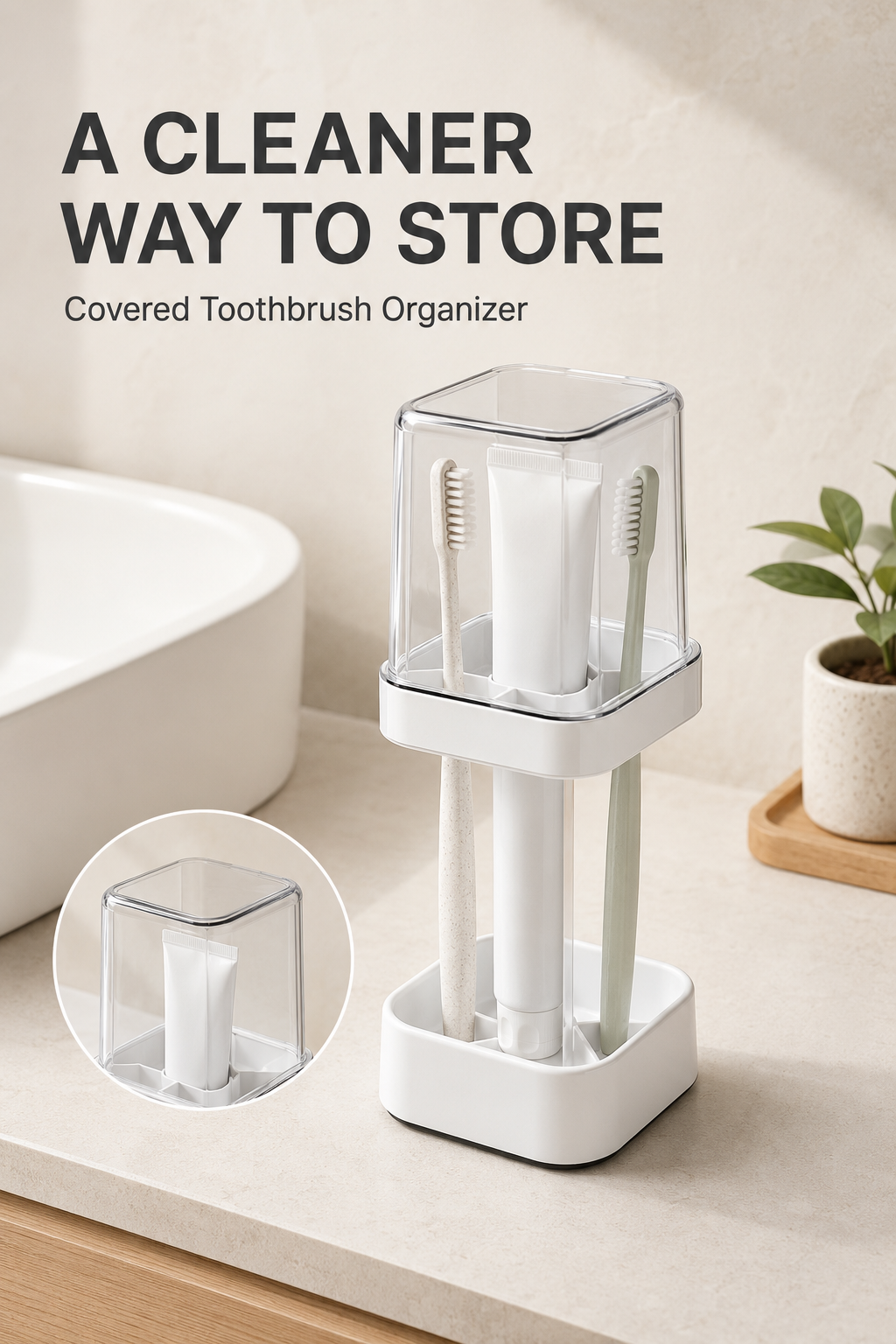 2-in-1 Toothbrush Holder with Dustproof Cover & Mouthwash Cup – BPA-Free ABS, Countertop, 21.5cm