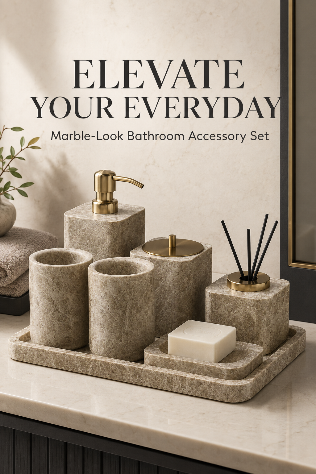 Natural Marble Bathroom Accessories Set – Emperador Stone with Gold Accents, Soap Dispenser & Vanity Collection