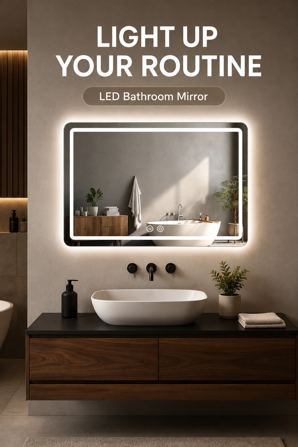 LED Vanity Mirror – Wall-Mounted Anti-Fog, 3-Color Dimmable Lights, 50x70cm or 60x90cm