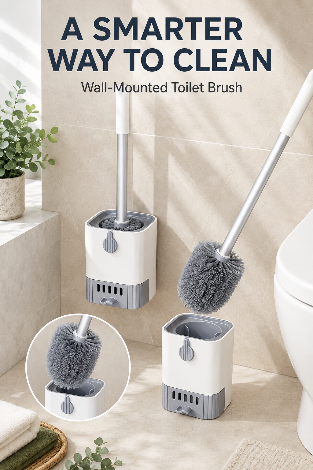 Toilet Brush & Holder Set – Wall-Mounted Long Handle, Quick-Dry Silicone, Green/White/Pink