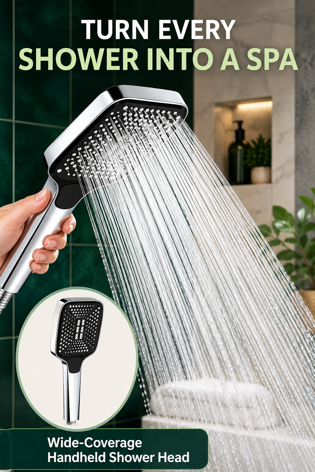 Rainfall Shower Head – High Pressure, 3 Spray Modes, Large Panel Handheld, Water-Saving, Silver