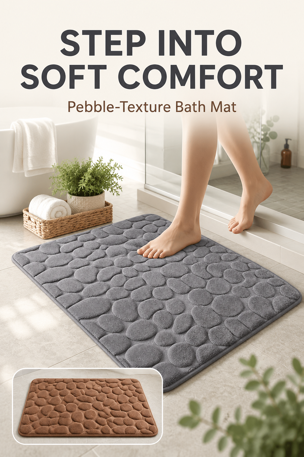 Bathroom Rug – Non-Slip Super Absorbent Quick-Dry, 3D Cobblestone Bath Mat, 40x60cm, Machine Washable