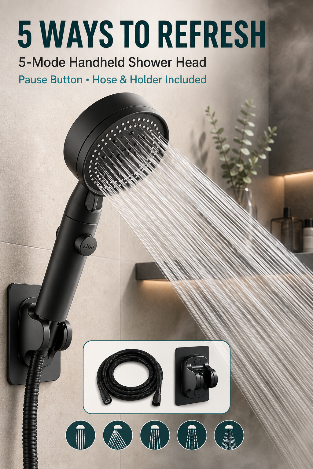 Handheld Shower Head – High Pressure, 5 Spray Modes, Water-Saving, One-Touch Pause, Black/Silver