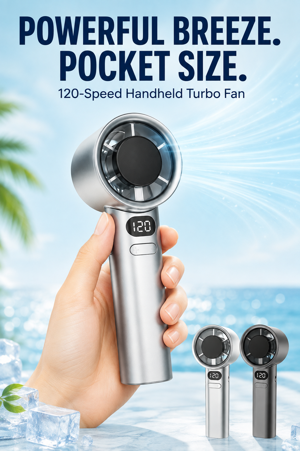 Portable Handheld Fan – 120-Speed Rechargeable, LED Display, Quiet Personal Cooling, White/Gray/Green/Gold