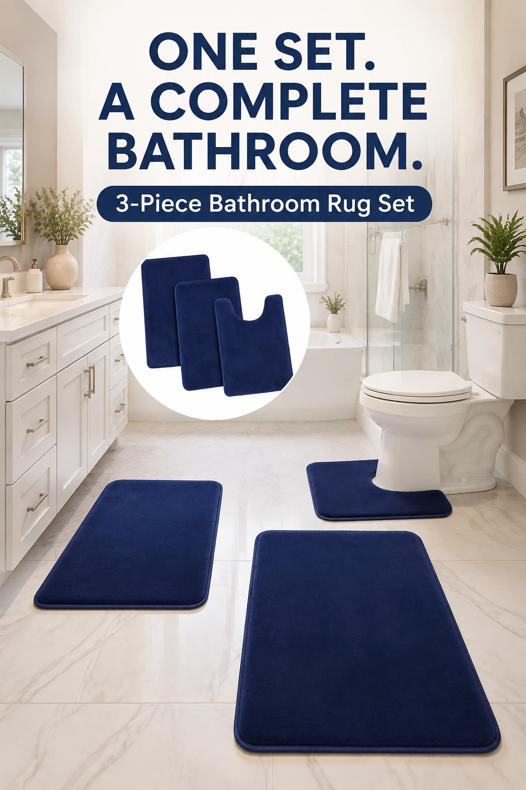 Bathroom Rug Set 3-Piece – Non-Slip Super Absorbent Bath Mat, Machine Washable, Khaki/Gray/Blue/Coffee