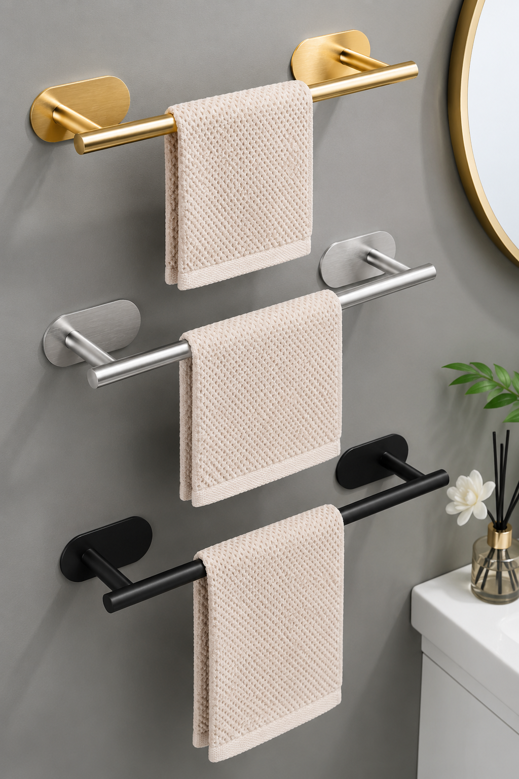 No-Drill Adhesive Towel Bar – SUS304 Stainless Steel, Matte Black, Style A (40cm) or Style B (Paper Towel Holder)