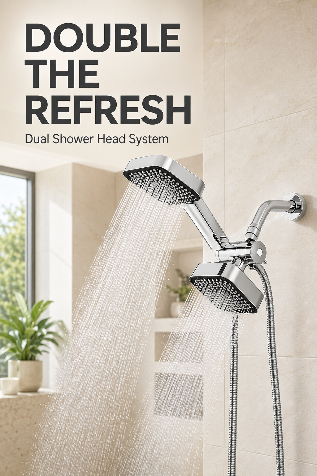 Dual Shower Head Combo – High Pressure Rainfall & Handheld, 3-Way Diverter, Stainless Steel Hose, Silver