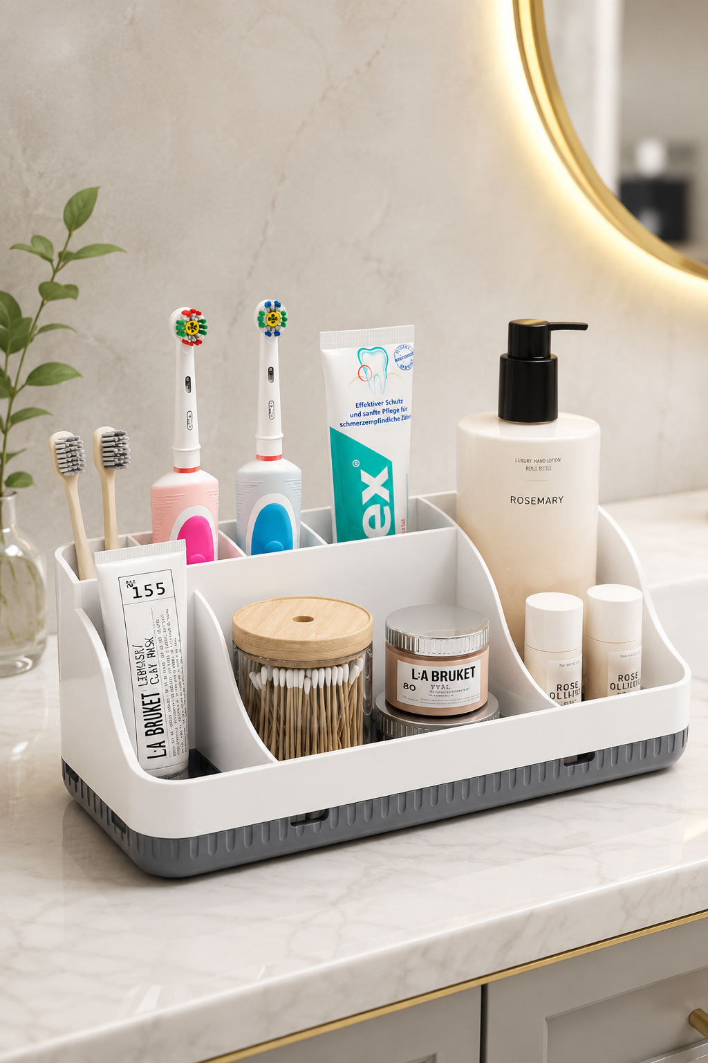 7-Slot Bathroom & Vanity Organizer – PP Plastic, Countertop Caddy with Drain Holes, 29x13x11cm