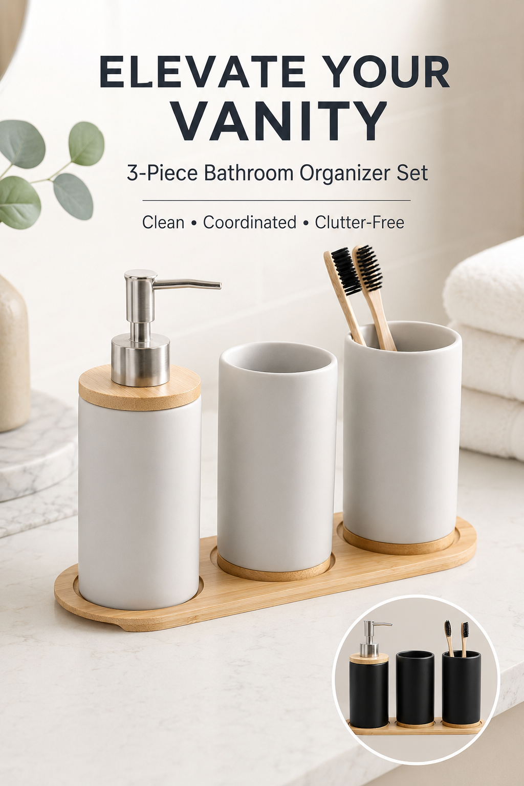 Ceramic Bathroom Accessories Set with Bamboo Base – 3-Piece, Handcrafted, Soap Dispenser & 2 Tumblers