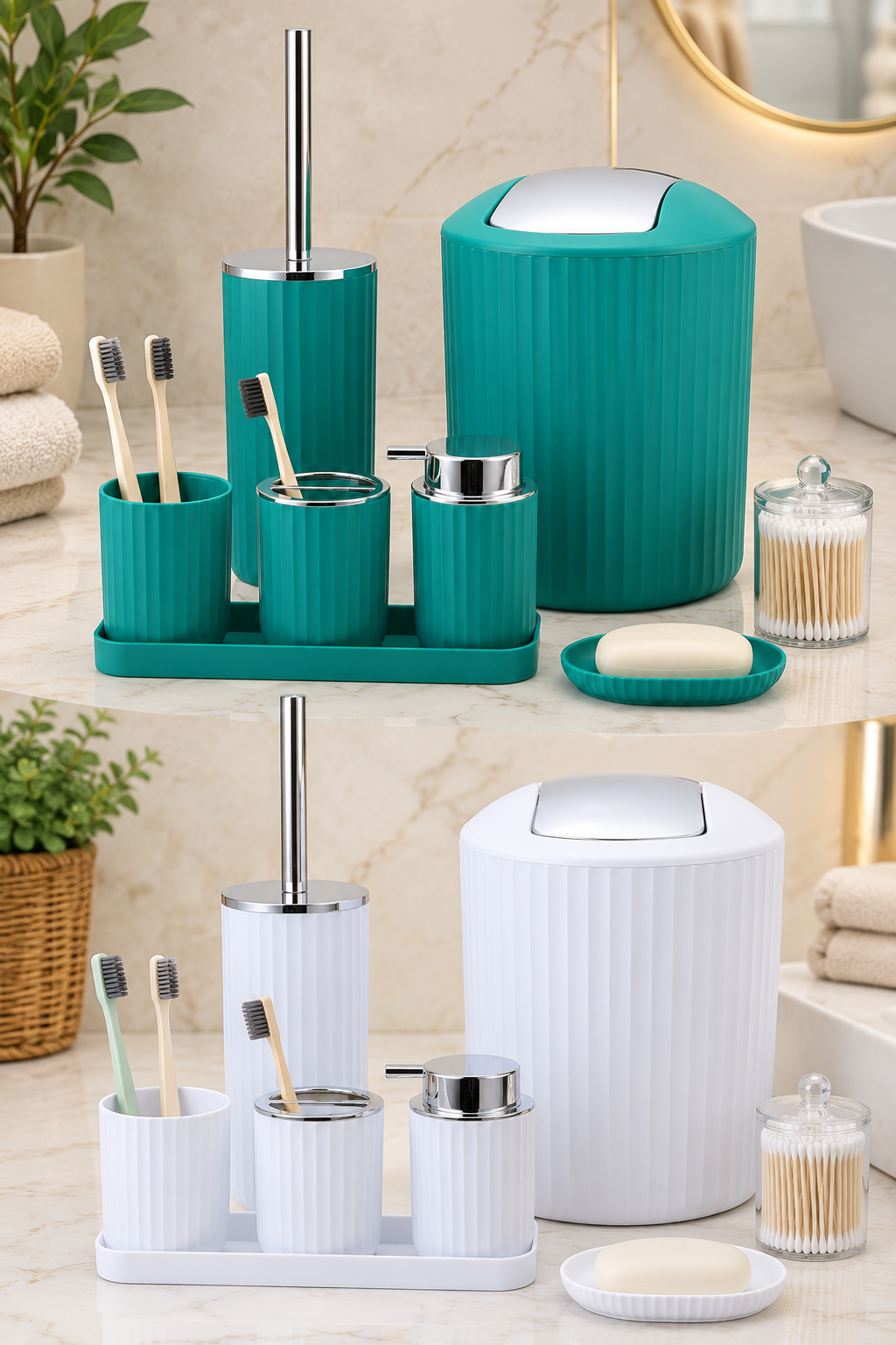 Matte Black Bathroom Accessories Set – 8-Piece BPA-Free Acrylic with Ribbed Texture