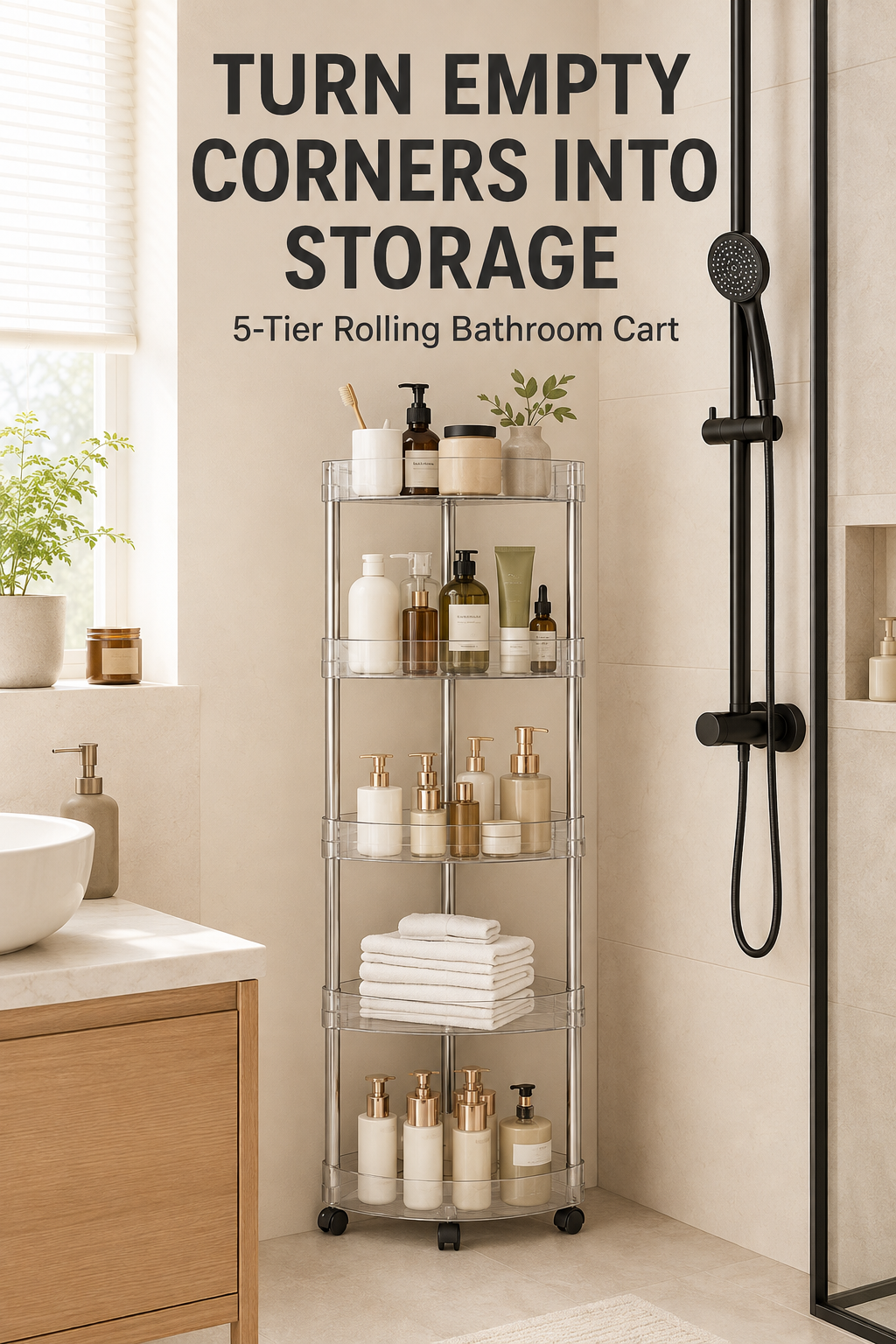 Clear Corner Rolling Cart – BPA-Free, 2 to 5-Tier Options, Anti-Mold Drainage, for Bathroom & Kitchen