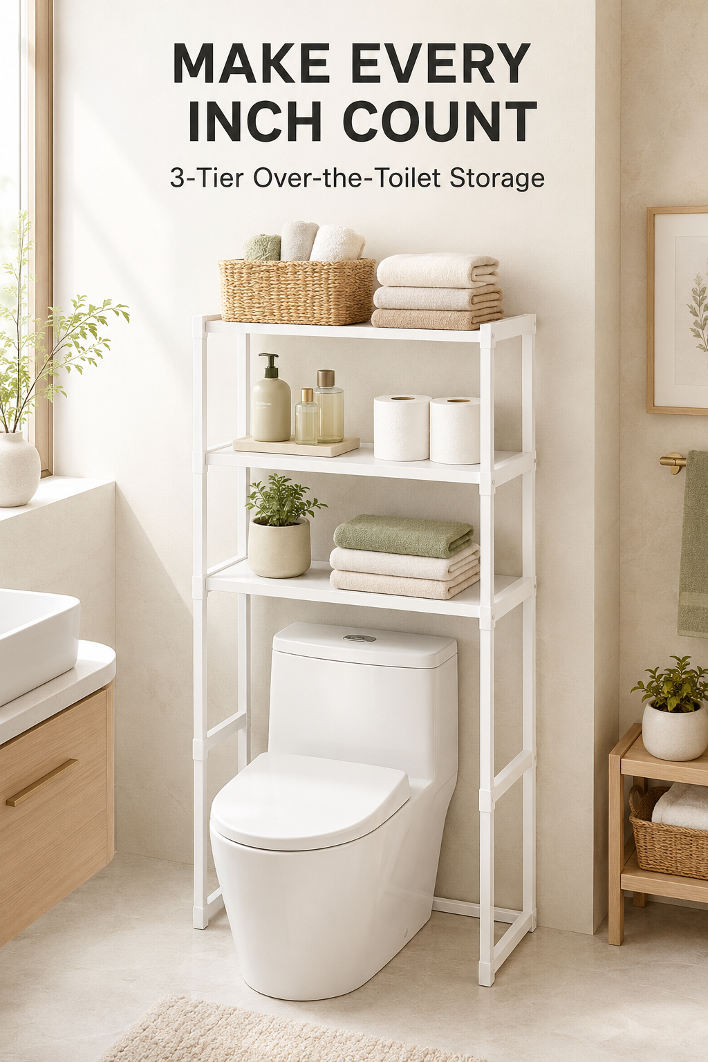 3-Tier Over-the-Toilet Storage Rack – Carbon Steel & PP Shelves, Freestanding with Toilet Paper Holder, 134cm