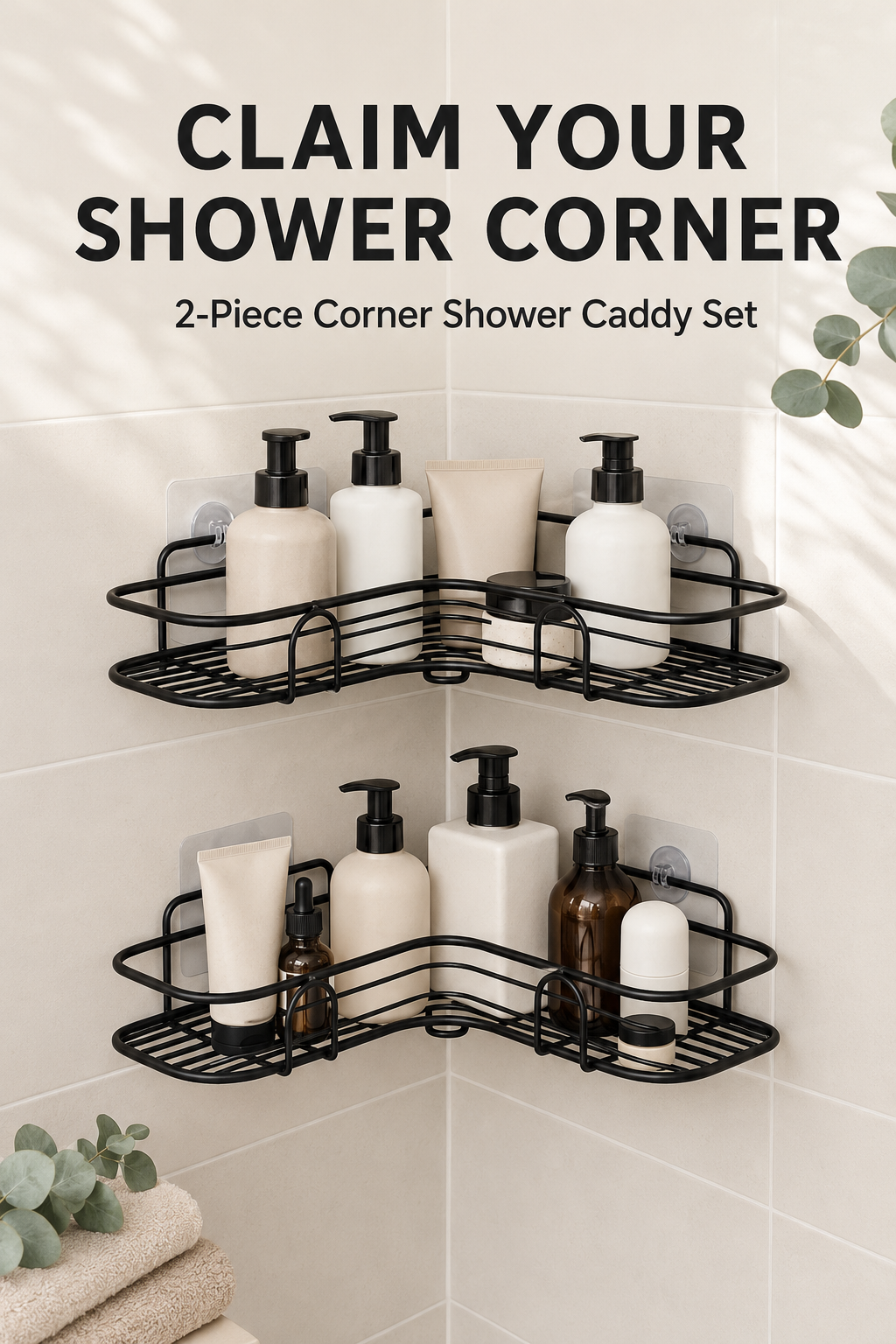 Adhesive No-Drill Corner Shower Caddy – 4mm Stainless Steel, Matte Black or White, 26x26cm