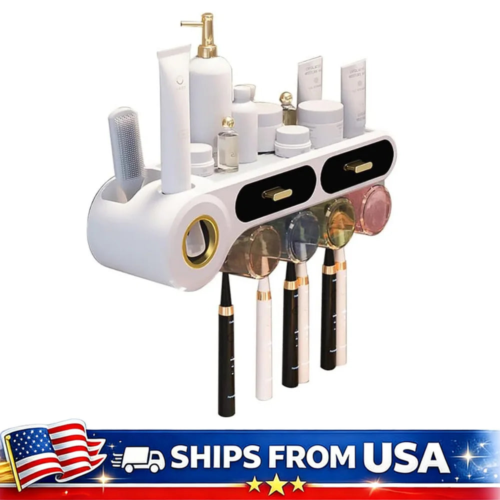 All-in-One Wall Mounted Toothbrush Holder & Toothpaste Dispenser