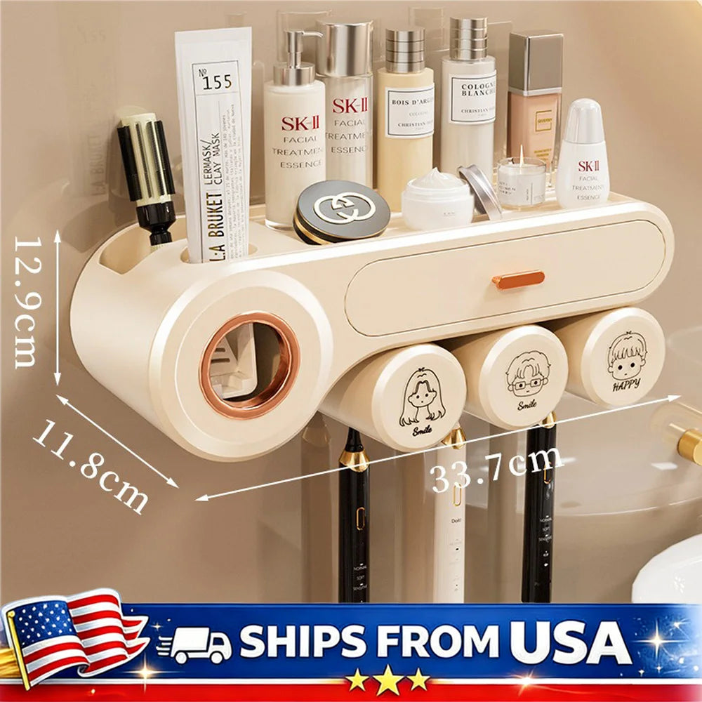 All-in-One Wall Mounted Toothbrush Holder & Toothpaste Dispenser
