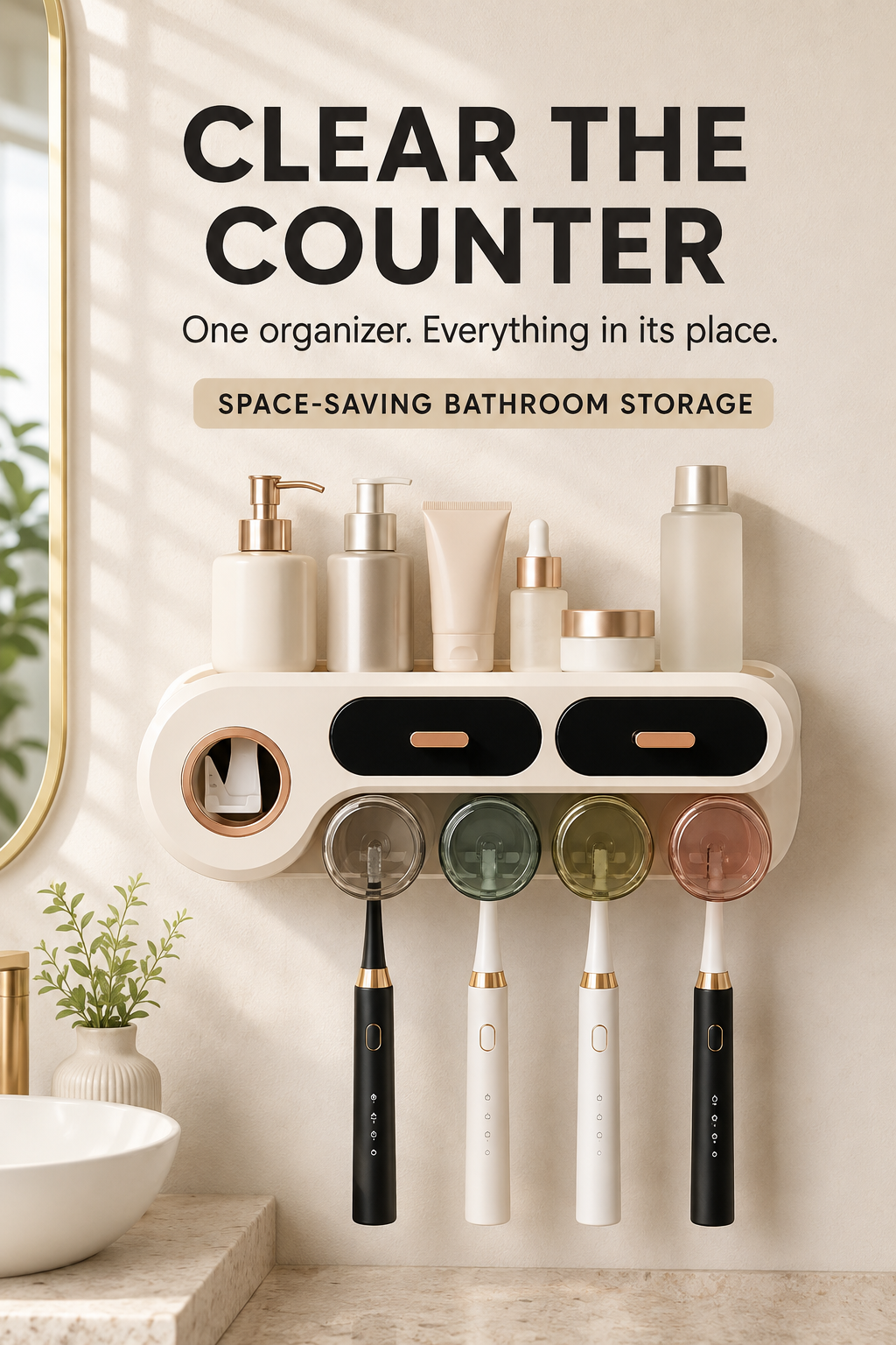Wall-Mounted Toothbrush Holder & Automatic Toothpaste Dispenser – No-Drill, with Storage Drawer, 42cm