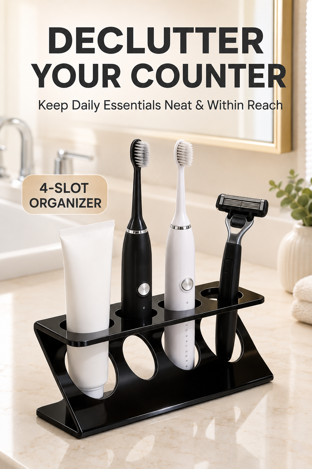 Countertop Toothbrush & Razor Holder – ABS Plastic, Multi-Slot Bathroom Organizer, 25x17x9cm