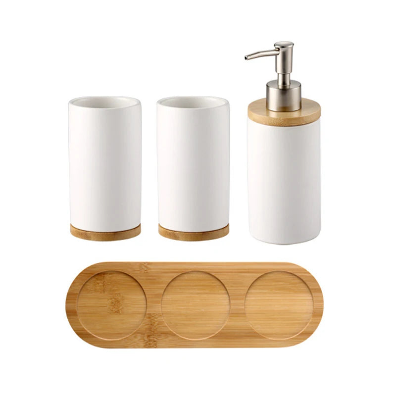 Modern Ceramic Bathroom Accessories Set with Bamboo Base