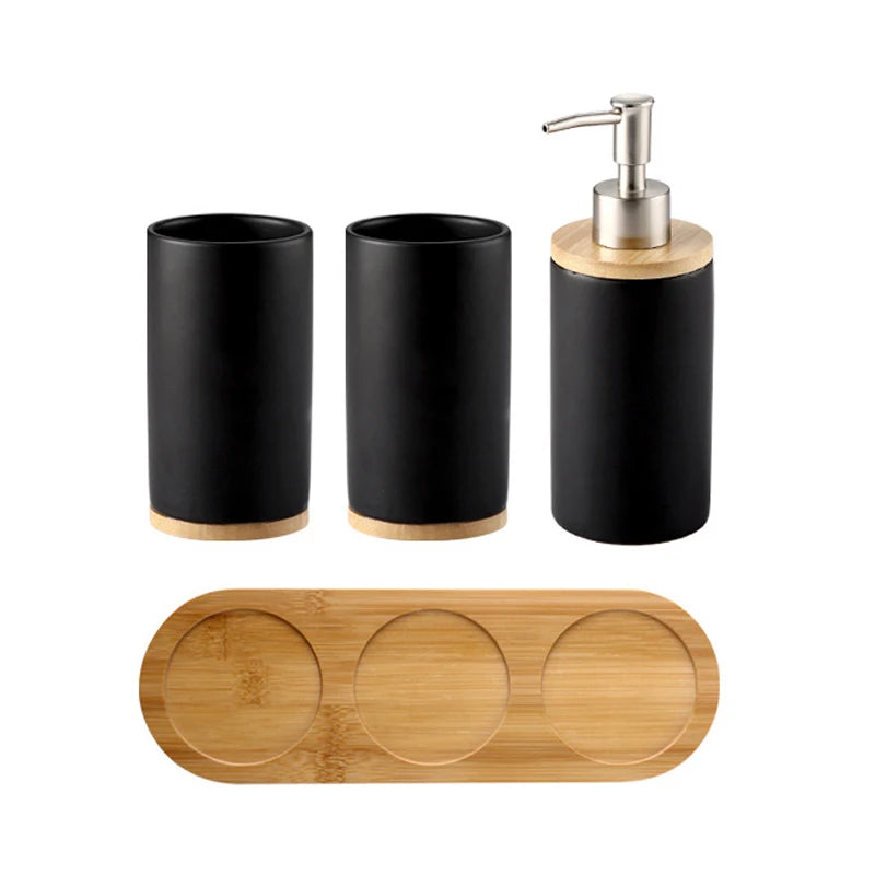 Modern Ceramic Bathroom Accessories Set with Bamboo Base