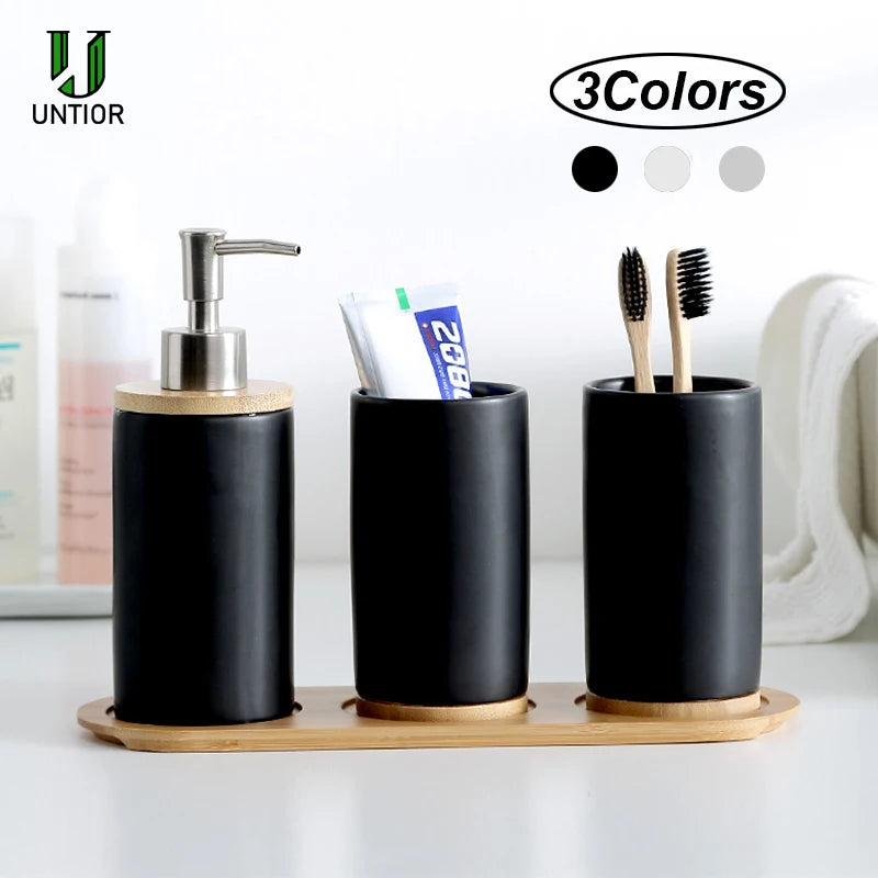 Modern Ceramic Bathroom Accessories Set with Bamboo Base