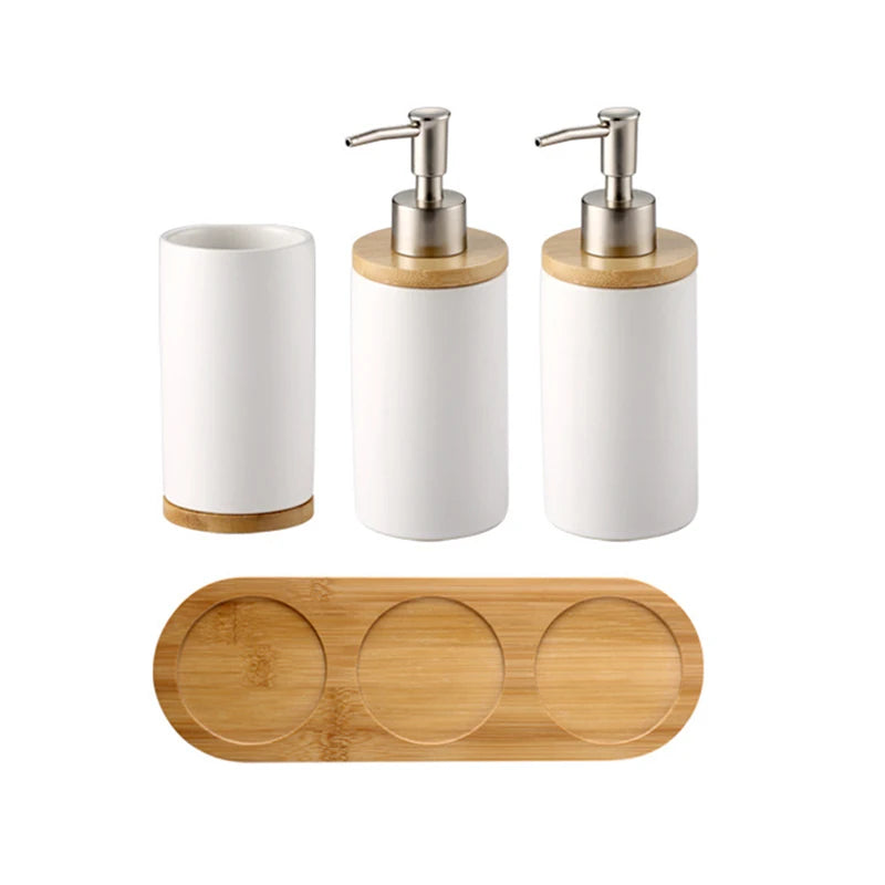 Modern Ceramic Bathroom Accessories Set with Bamboo Base