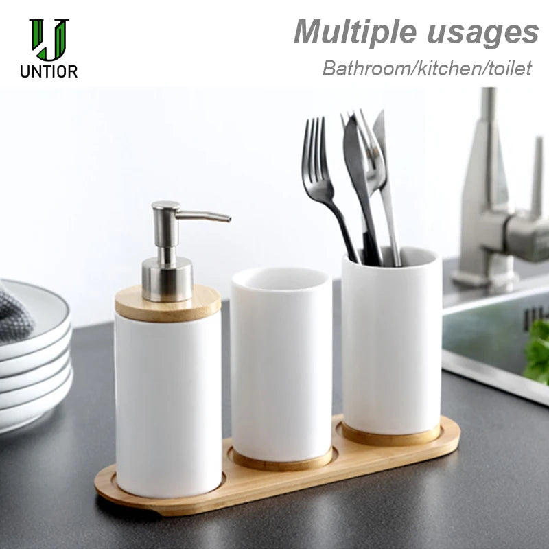 Modern Ceramic Bathroom Accessories Set with Bamboo Base
