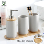 Modern Ceramic Bathroom Accessories Set with Bamboo Base