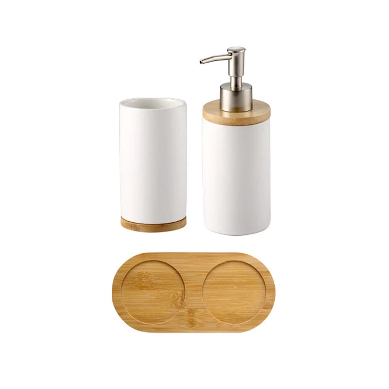 Modern Ceramic Bathroom Accessories Set with Bamboo Base