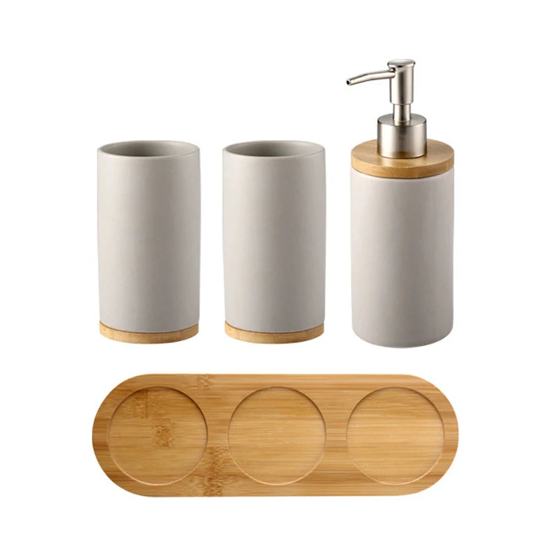 Modern Ceramic Bathroom Accessories Set with Bamboo Base