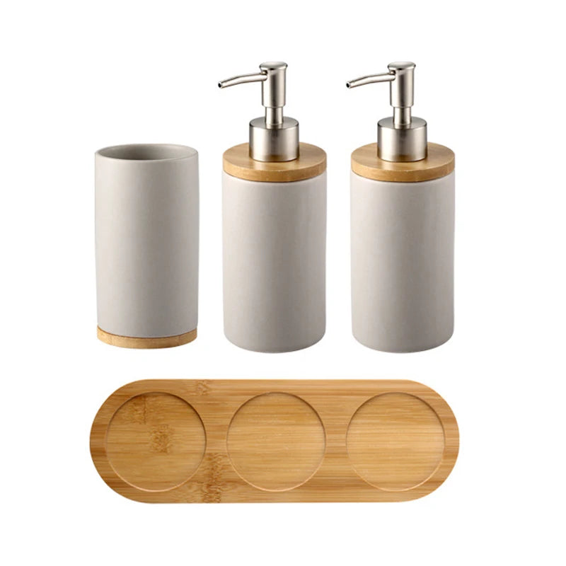 Modern Ceramic Bathroom Accessories Set with Bamboo Base