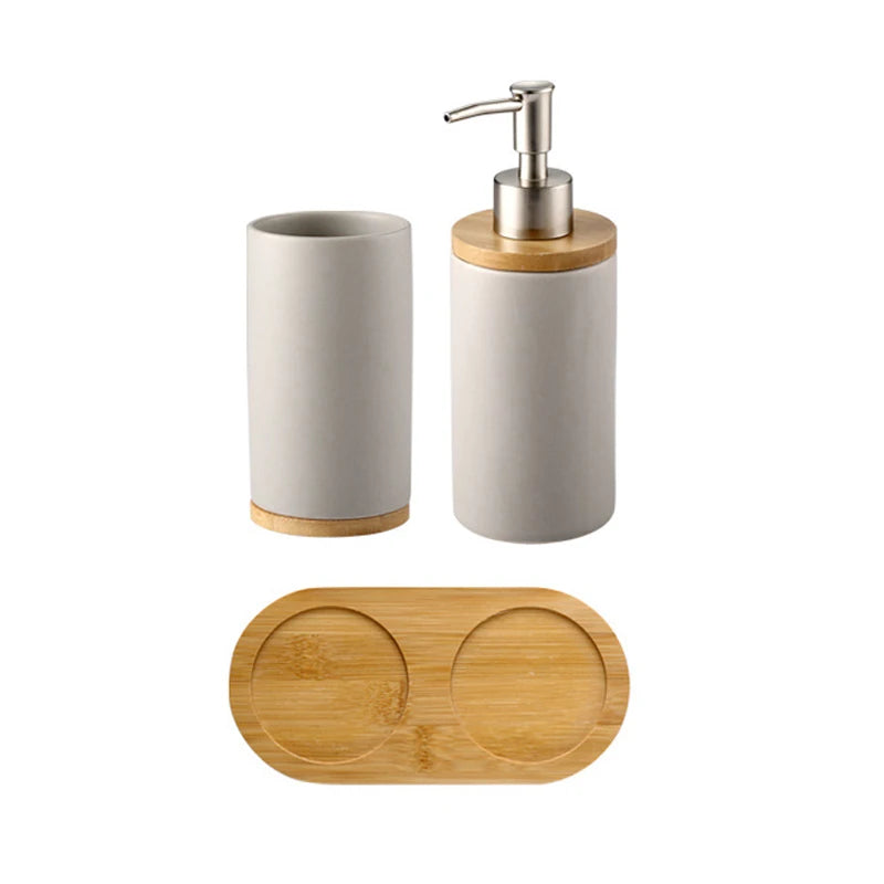 Modern Ceramic Bathroom Accessories Set with Bamboo Base