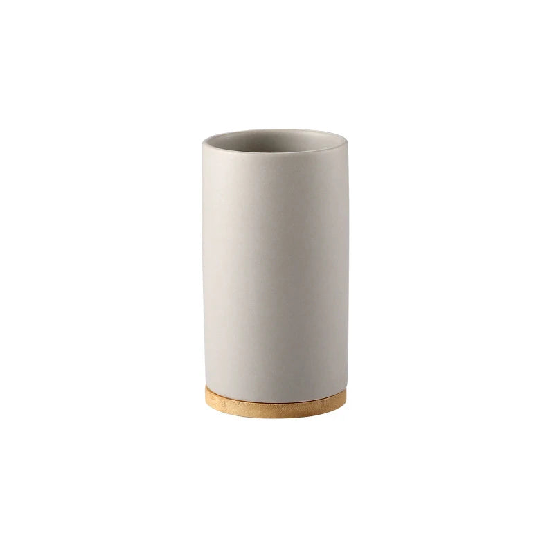 Modern Ceramic Bathroom Accessories Set with Bamboo Base