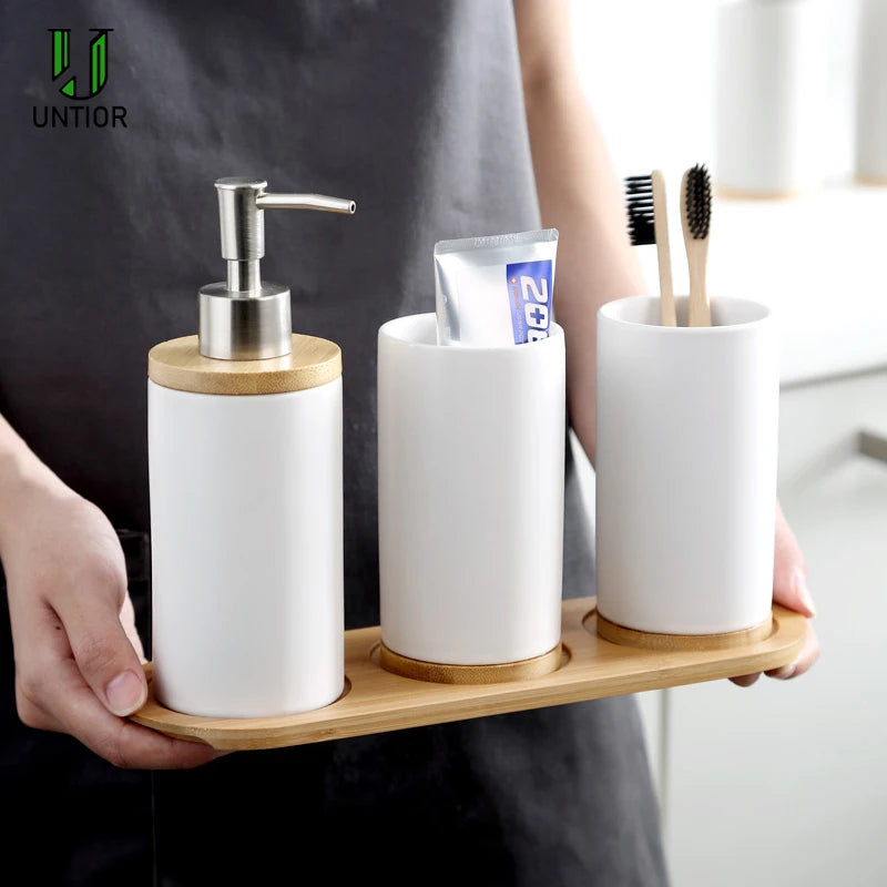 Modern Ceramic Bathroom Accessories Set with Bamboo Base