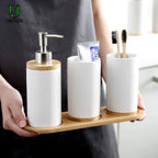 Modern Ceramic Bathroom Accessories Set with Bamboo Base