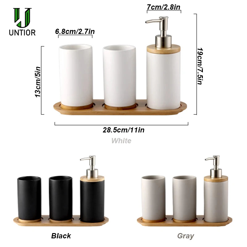 Modern Ceramic Bathroom Accessories Set with Bamboo Base