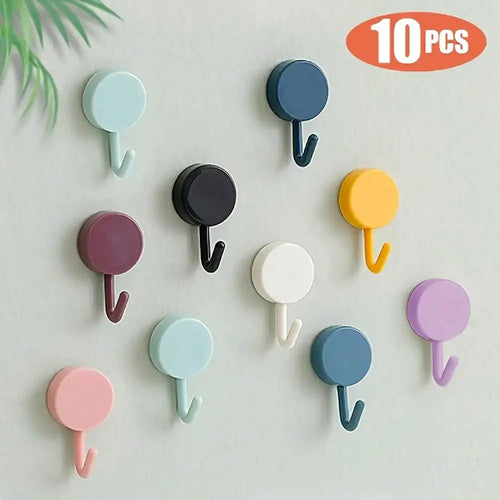 Adhesive Wall Hooks 10-Pack – Traceless Waterproof PVC, Damage-Free, Pastel, Kitchen & Bathroom