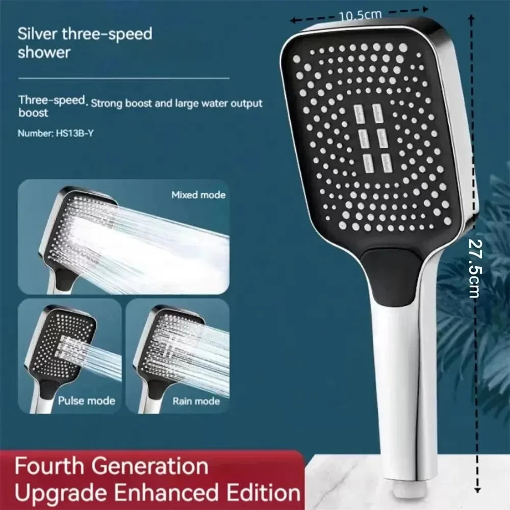 High Pressure Rainfall Shower Head, 3 Spray Modes, Water Saving, Large Panel Handheld Shower Head