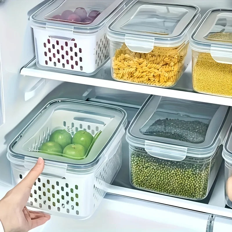 Airtight Fridge Organizer Bins with Removable Drain Basket