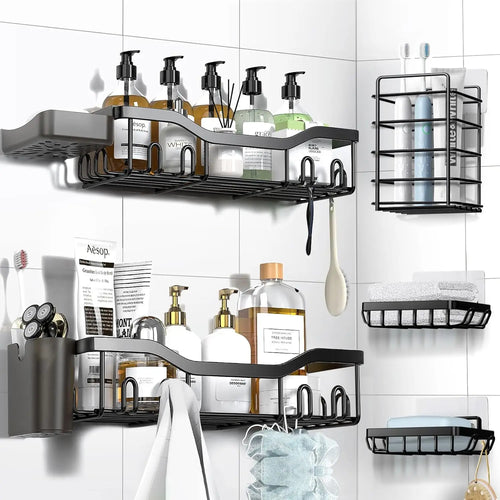 7-Piece Adhesive Shower Caddy & Bathroom Organizer Set – 304 Stainless Steel, Matte Black, No Drilling