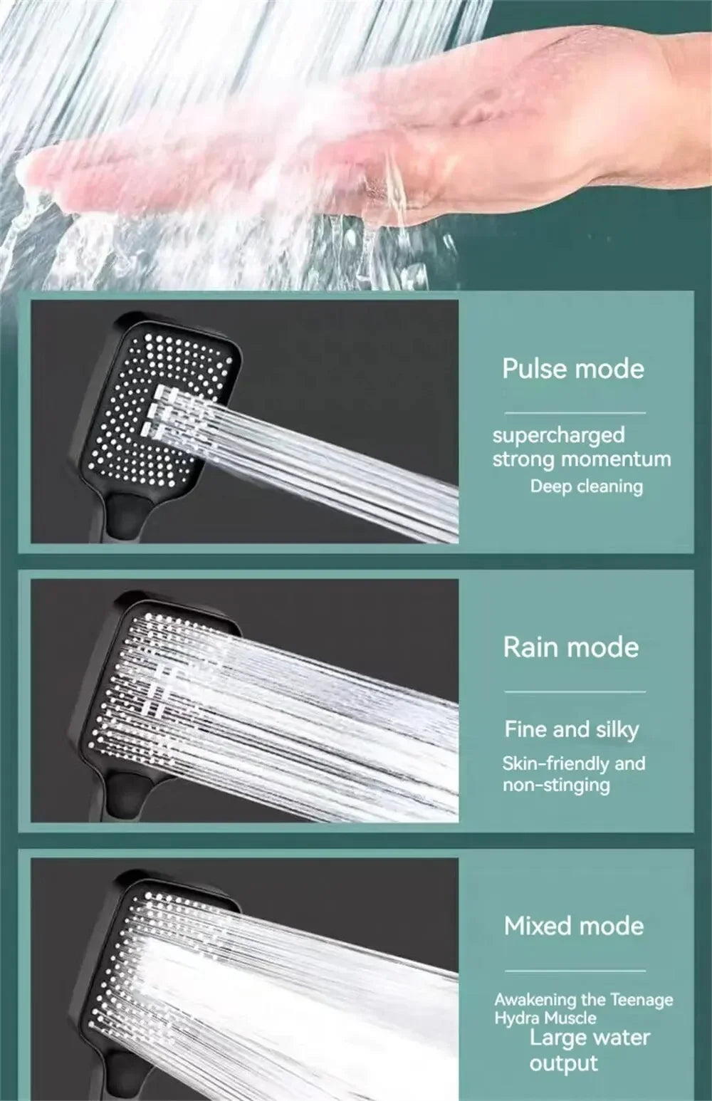 High Pressure Rainfall Shower Head, 3 Spray Modes, Water Saving, Large Panel Handheld Shower Head