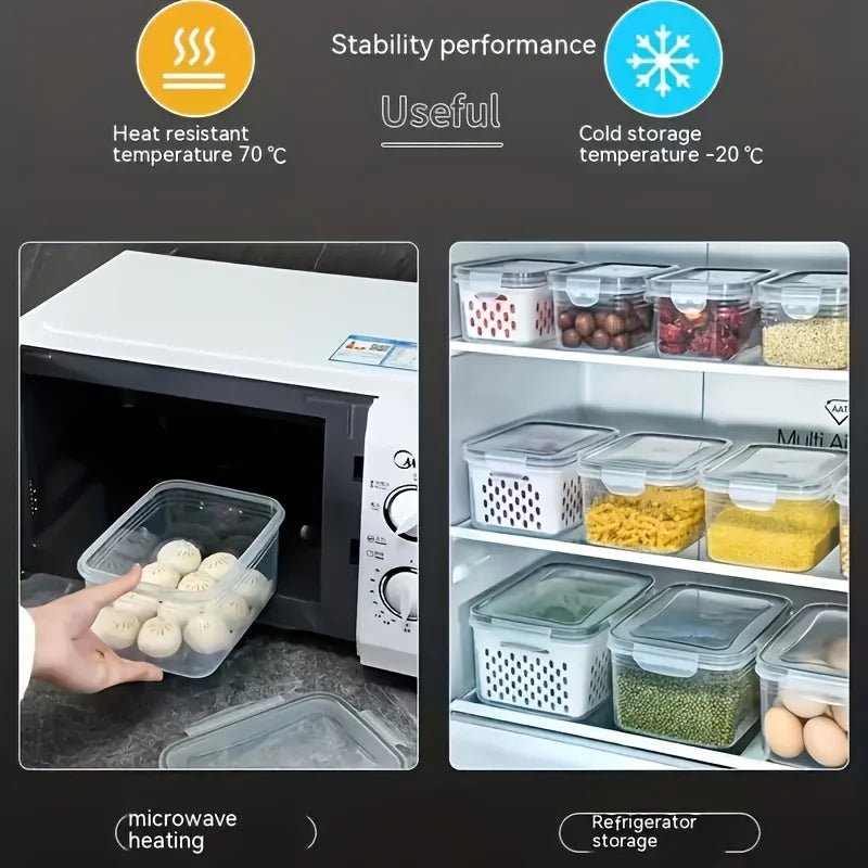Airtight Fridge Organizer Bins with Removable Drain Basket