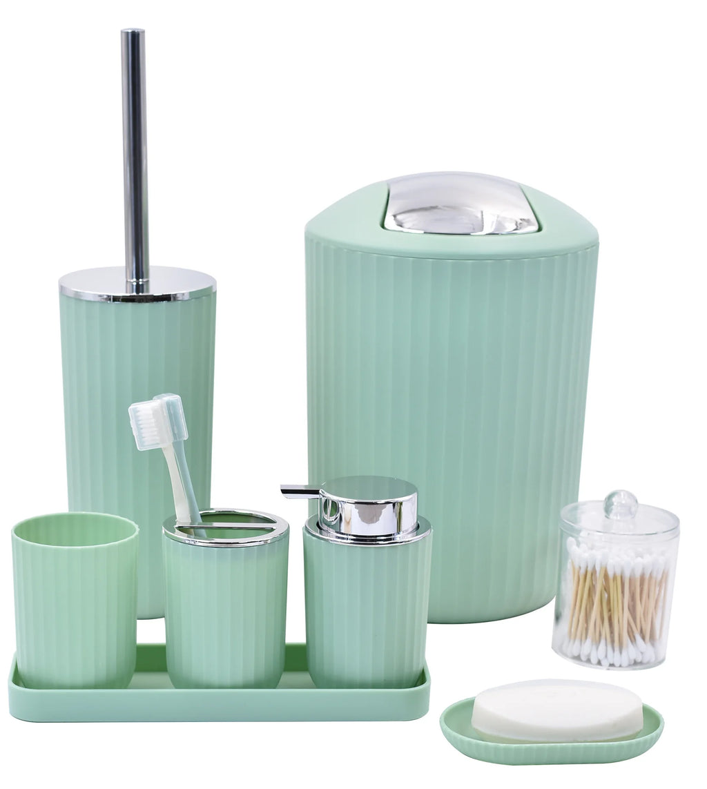 Mint green bathroom accessory set with various items on a white background