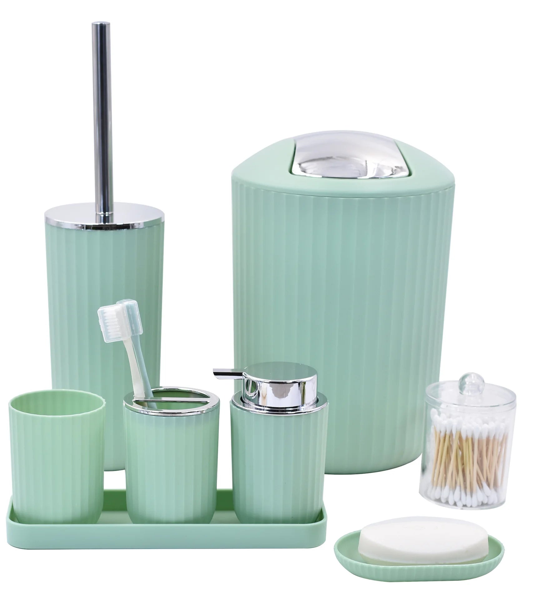 Mint green bathroom accessory set with various items on a white background